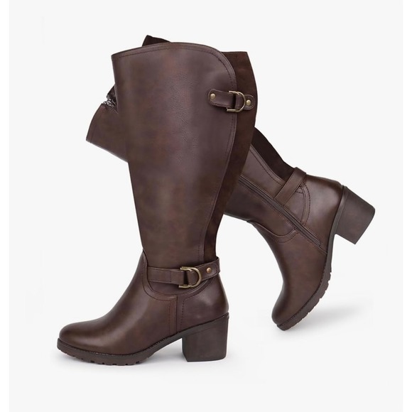 NEW Womens Brown Wide Calf Knee High Boots Block Heel Buckle Detail Size 6.5 - Picture 2 of 8